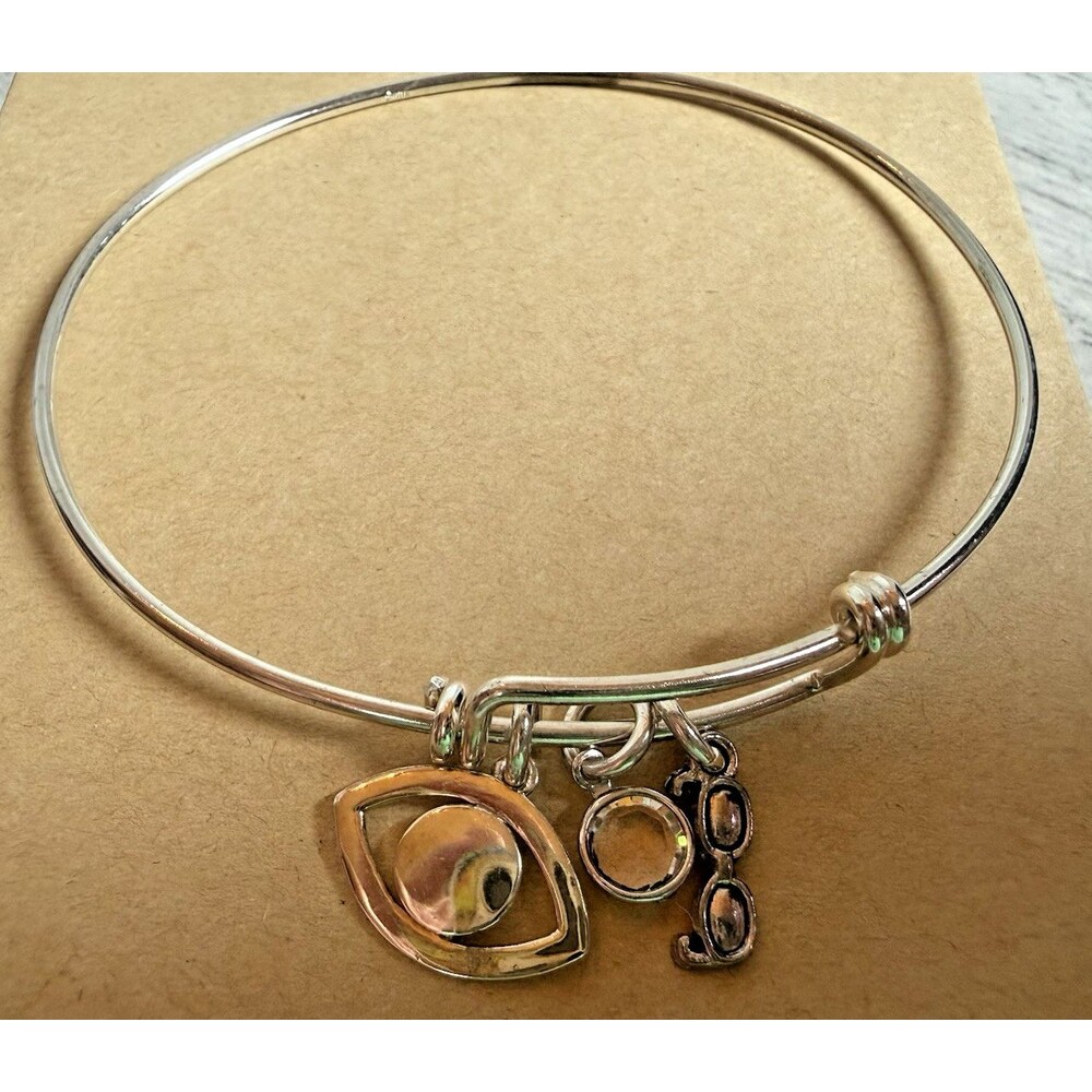 925 Expandable Wire Bangle Bracelet Evil Eye Glasses Spectacles Crystal Rare